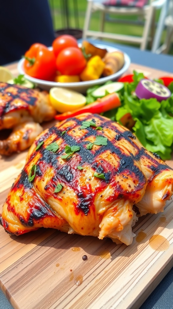 Grilled chicken thigh with crispy skin on a cutting board, garnished with herbs, served with salad and grilled vegetables.